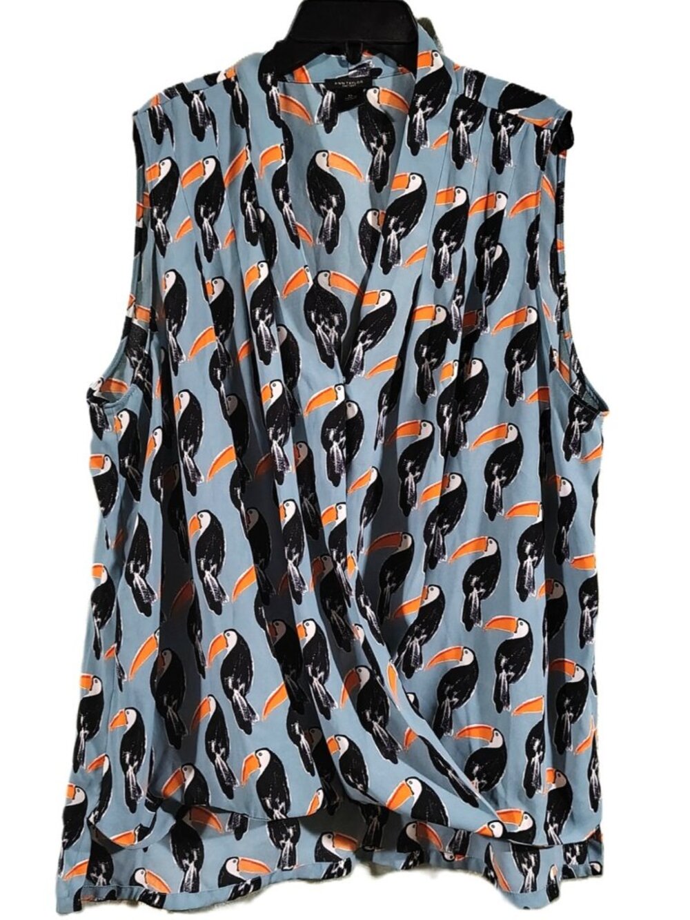 Ann Taylor Toucan Bird Tropical Print Crossover Blouse Top Sleeveless XL Chiffon